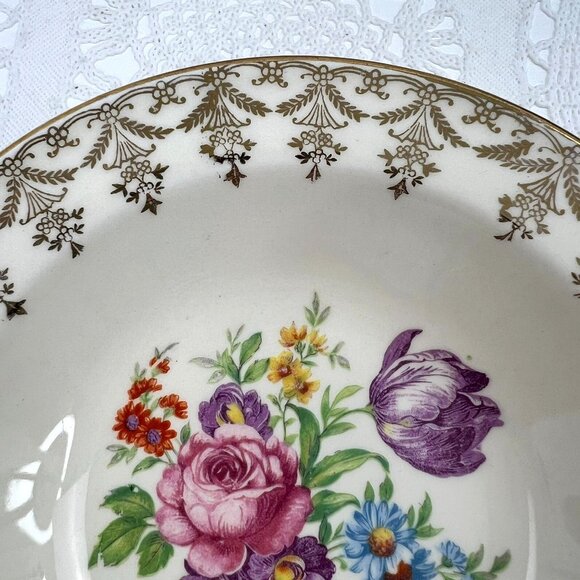 Vintage Edwin M. Knowles Semi Vitreous 4 Floral Berry Bowls Cream Gold Trim - Picture 5 of 10
